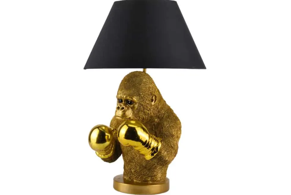 Handgefertigte Tischlampe KING APE 55cm schwarz gold Stoffschirm Affen-Skulptur