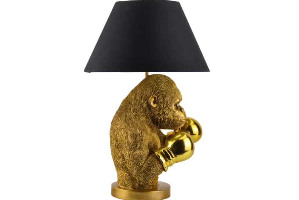 Handgefertigte Tischlampe KING APE 55cm schwarz gold Stoffschirm Affen-Skulptur