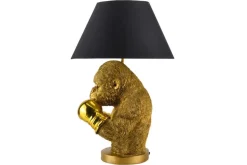 Handgefertigte Tischlampe KING APE 55cm schwarz gold Stoffschirm Affen-Skulptur