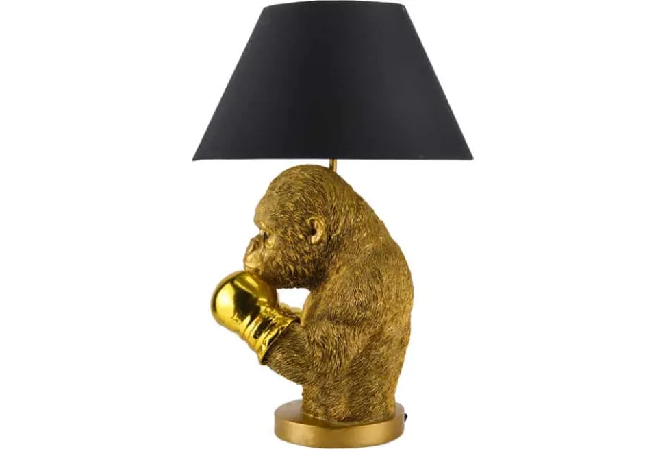 Handgefertigte Tischlampe KING APE 55cm schwarz gold Stoffschirm Affen-Skulptur