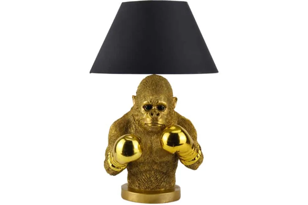Handgefertigte Tischlampe KING APE 55cm schwarz gold Stoffschirm Affen-Skulptur