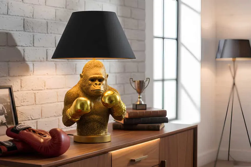 Handgefertigte Tischlampe KING APE 55cm schwarz gold Stoffschirm Affen-Skulptur