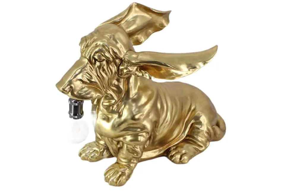 Handgefertigte Tischlampe DACKEL 70cm gold Hunde-Skulptur