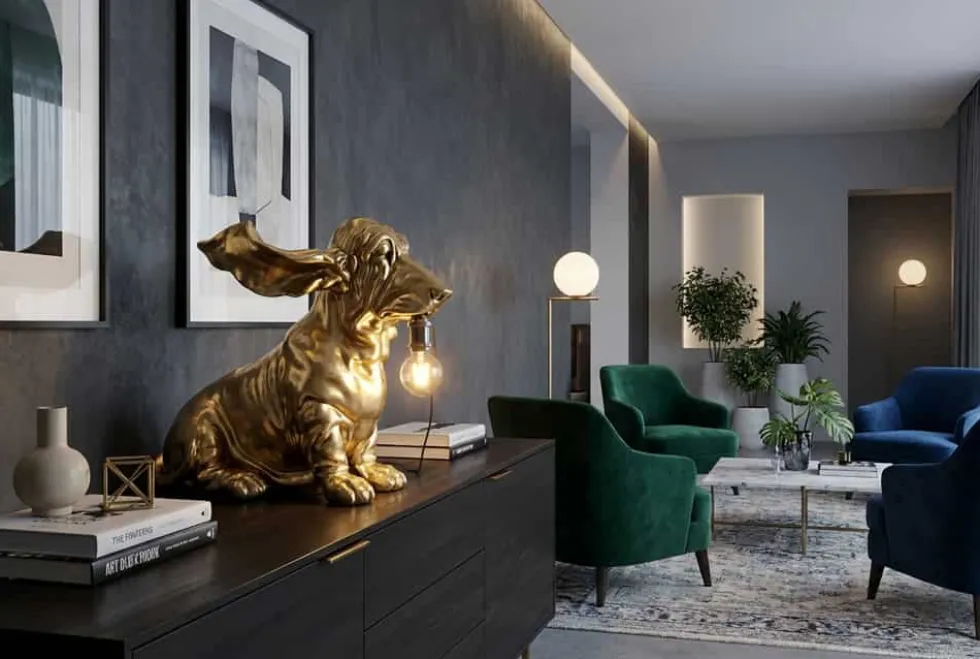 Handgefertigte Tischlampe DACKEL 70cm gold Hunde-Skulptur