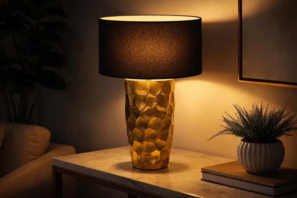 Handgefertigte Tischlampe AURELIA 55cm gold schwarz Hammerschlag-Design mit Stoffschirm