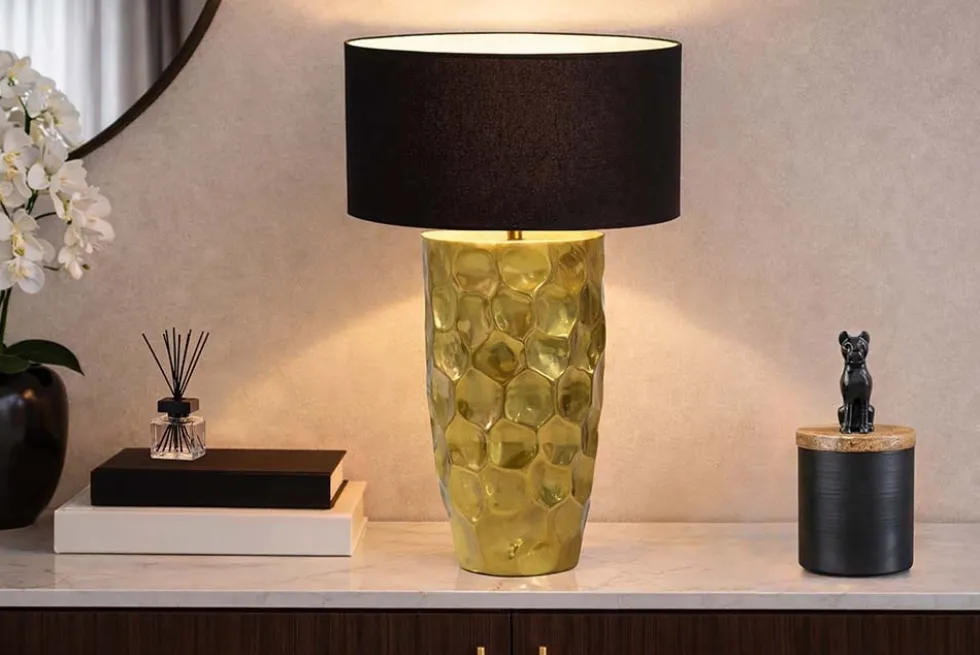 Handgefertigte Tischlampe AURELIA 55cm gold schwarz Hammerschlag-Design mit Stoffschirm