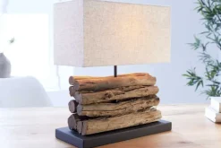 Handgefertigte Tischlampe PERIFERE 40cm beige Treibholz Leinenschirm