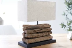 Handgefertigte Tischlampe PERIFERE 40cm beige Treibholz Leinenschirm