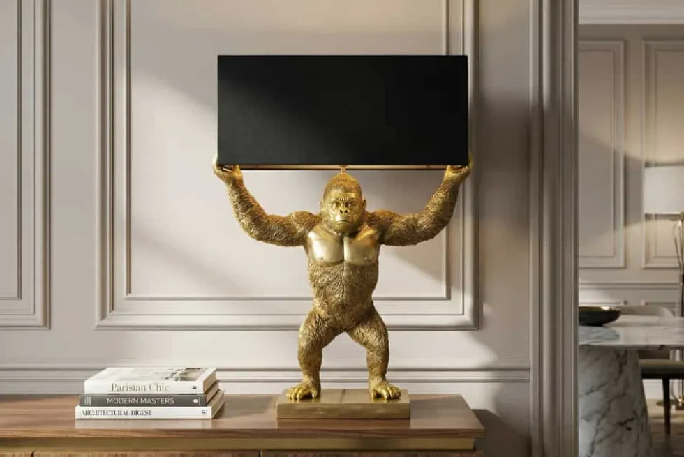 Handgefertigte Tischlampe KING APE 70cm schwarz gold Stoffschirm Affen-Skulptur