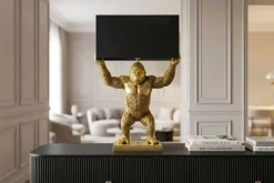 Handgefertigte Tischlampe KING APE 70cm schwarz gold Stoffschirm Affen-Skulptur