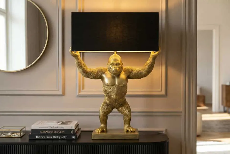 Handgefertigte Tischlampe KING APE 70cm schwarz gold Stoffschirm Affen-Skulptur