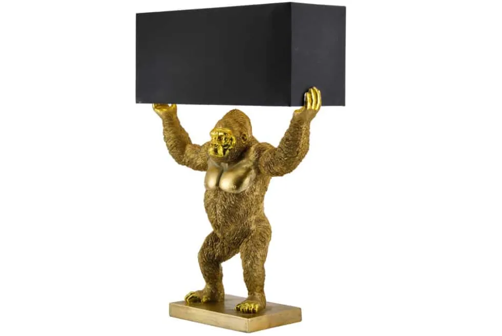 Handgefertigte Tischlampe KING APE 70cm schwarz gold Stoffschirm Affen-Skulptur