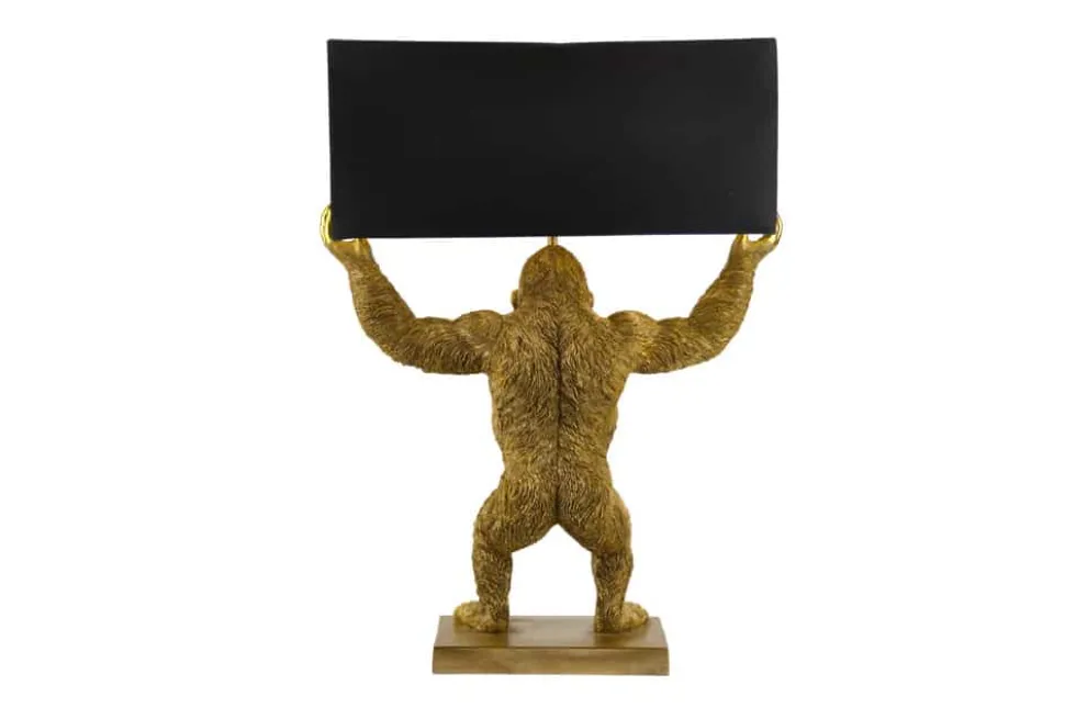 Handgefertigte Tischlampe KING APE 70cm schwarz gold Stoffschirm Affen-Skulptur