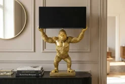 Handgefertigte Tischlampe KING APE 70cm schwarz gold Stoffschirm Affen-Skulptur