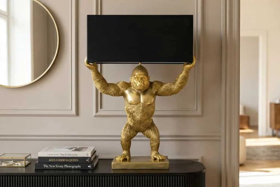 Handgefertigte Tischlampe KING APE 70cm schwarz gold Stoffschirm Affen-Skulptur
