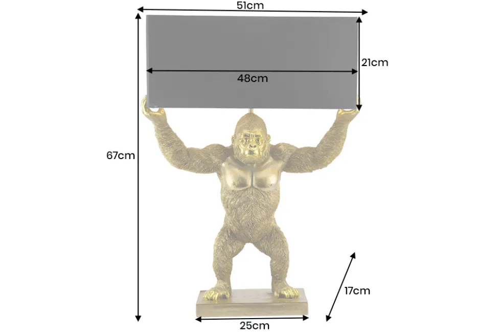 Handgefertigte Tischlampe KING APE 70cm schwarz gold Stoffschirm Affen-Skulptur