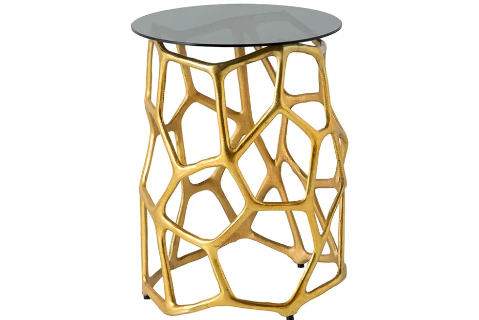 Handgefertigter Beistelltisch LIQUID GEOMETRIE 50cm gold rund Metall Schwarzglas