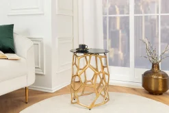 Handgefertigter Beistelltisch LIQUID GEOMETRIE 50cm gold rund Metall Schwarzglas