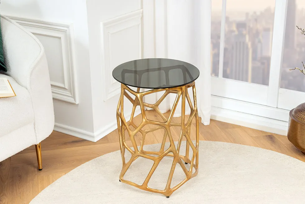 Handgefertigter Beistelltisch LIQUID GEOMETRIE 50cm gold rund Metall Schwarzglas