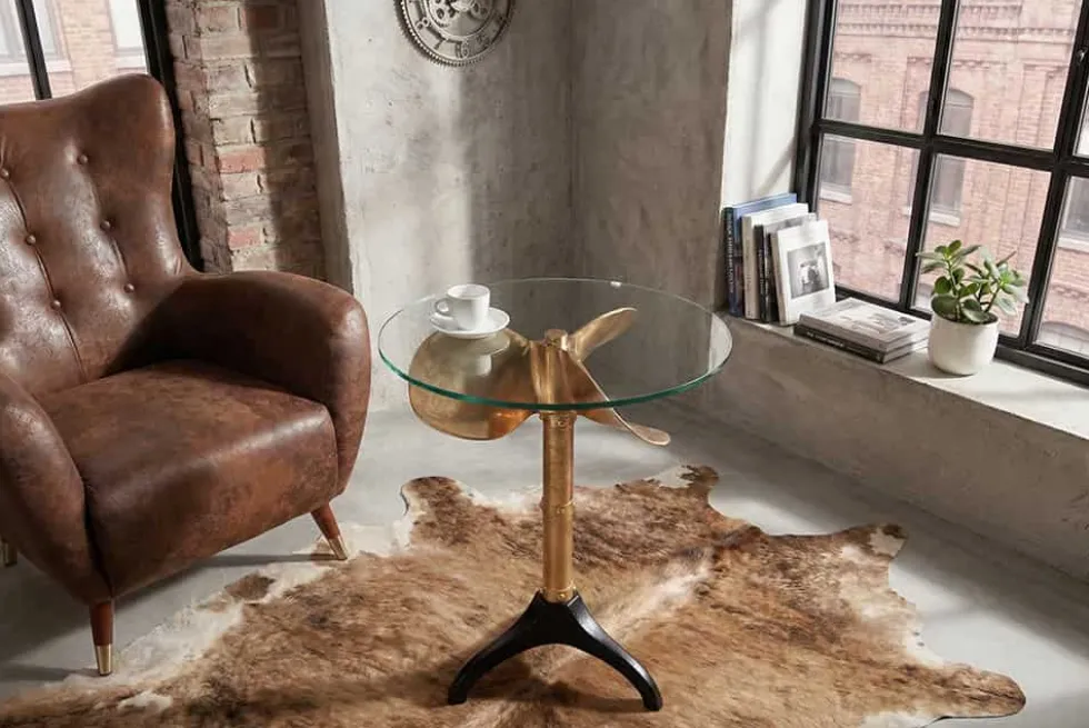 Handgefertigter Beistelltisch OCEAN 75cm gold schwarz Glasplatte Metall maritim rund