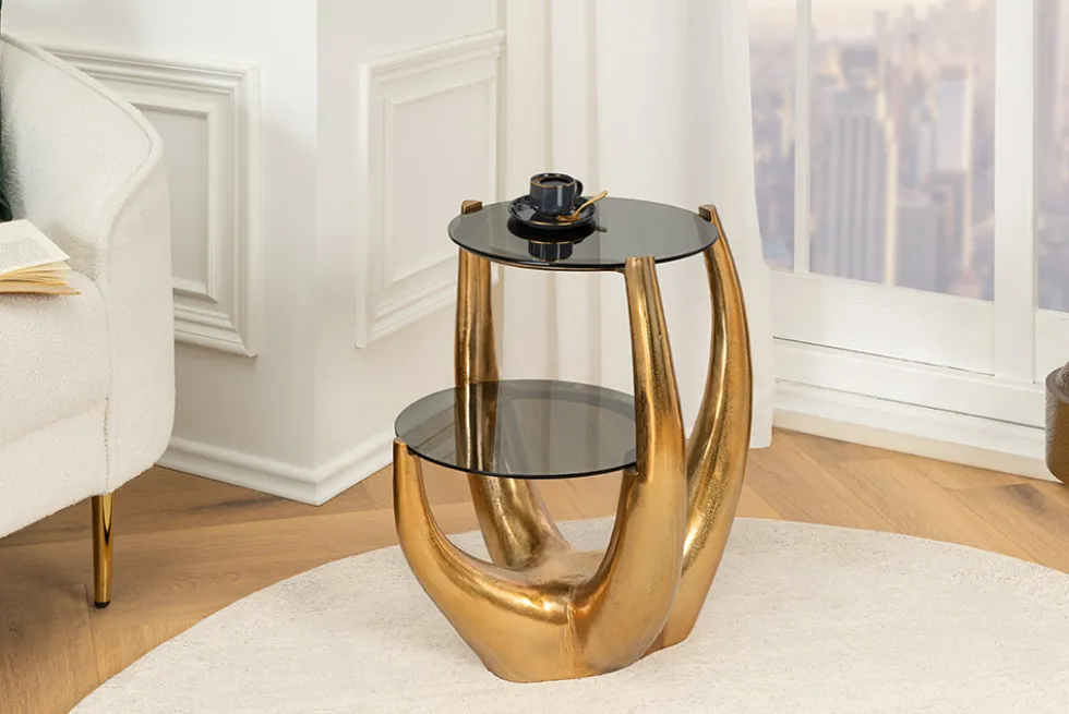 Handgefertigter Beistelltisch LEVELS 50cm gold antik Schwarzglas schwarz Metall