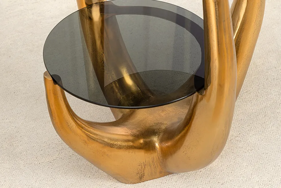 Handgefertigter Beistelltisch LEVELS 50cm gold antik Schwarzglas schwarz Metall