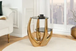 Handgefertigter Beistelltisch LEVELS 50cm gold antik Schwarzglas schwarz Metall