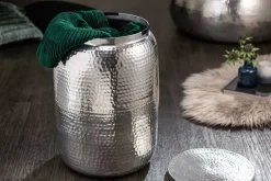 Handgefertigter Beistelltisch ORIENT STORAGE 50cm silber Hammerschlag Design mit Stauraum rund
