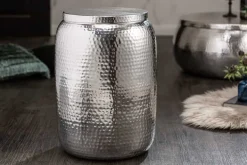 Handgefertigter Beistelltisch ORIENT STORAGE 50cm silber Hammerschlag Design mit Stauraum rund