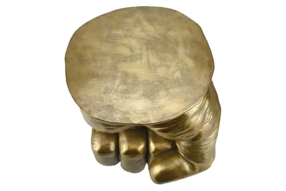 Handgefertigter Beistelltisch FIST 50cm gold runde Tischplatte Faust-Skulptur