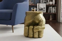 Handgefertigter Beistelltisch FIST 50cm gold runde Tischplatte Faust-Skulptur