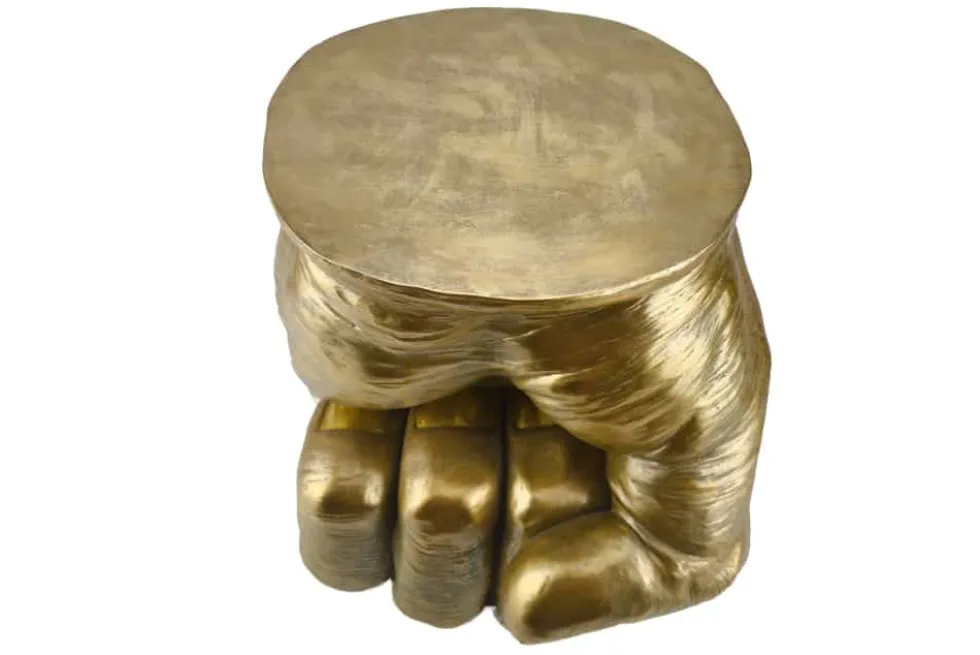 Handgefertigter Beistelltisch FIST 50cm gold runde Tischplatte Faust-Skulptur
