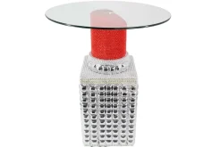 Handgefertigter Bistrotisch LIPSTICK 75cm rot silber runde Tischplatte Glas