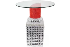 Handgefertigter Bistrotisch LIPSTICK 75cm rot silber runde Tischplatte Glas