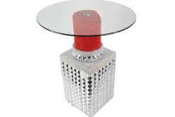 Handgefertigter Bistrotisch LIPSTICK 75cm rot silber runde Tischplatte Glas