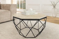 Handgefertigter Couchtisch DIAMOND 70cm beige Travertin schwarz Eisen
