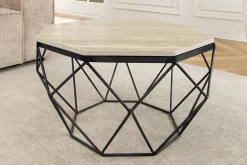 Handgefertigter Couchtisch DIAMOND 70cm beige Travertin schwarz Eisen