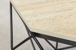 Handgefertigter Couchtisch DIAMOND 70cm beige Travertin schwarz Eisen