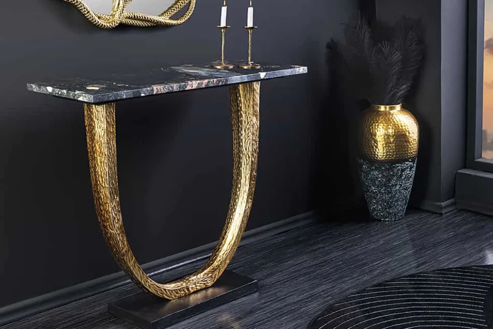 Handgefertigter Konsolentisch OMEGA 80cm schwarz Marmor gold Metall