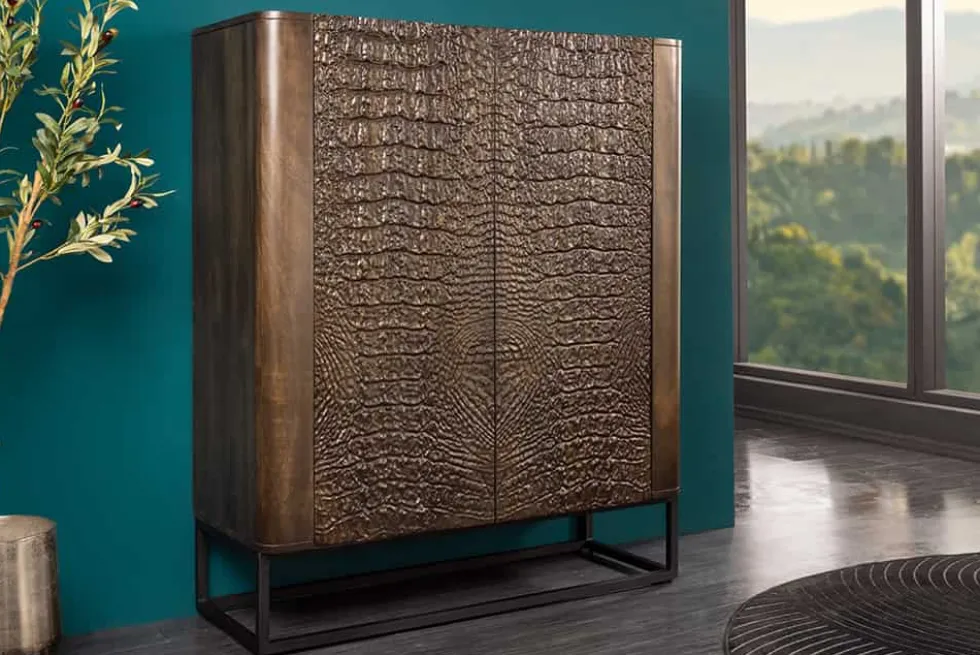 Handgefertigtes Highboard CROCO 120cm braun Mangoholz massiv 3D-Design