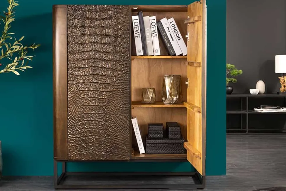 Handgefertigtes Highboard CROCO 120cm braun Mangoholz massiv 3D-Design
