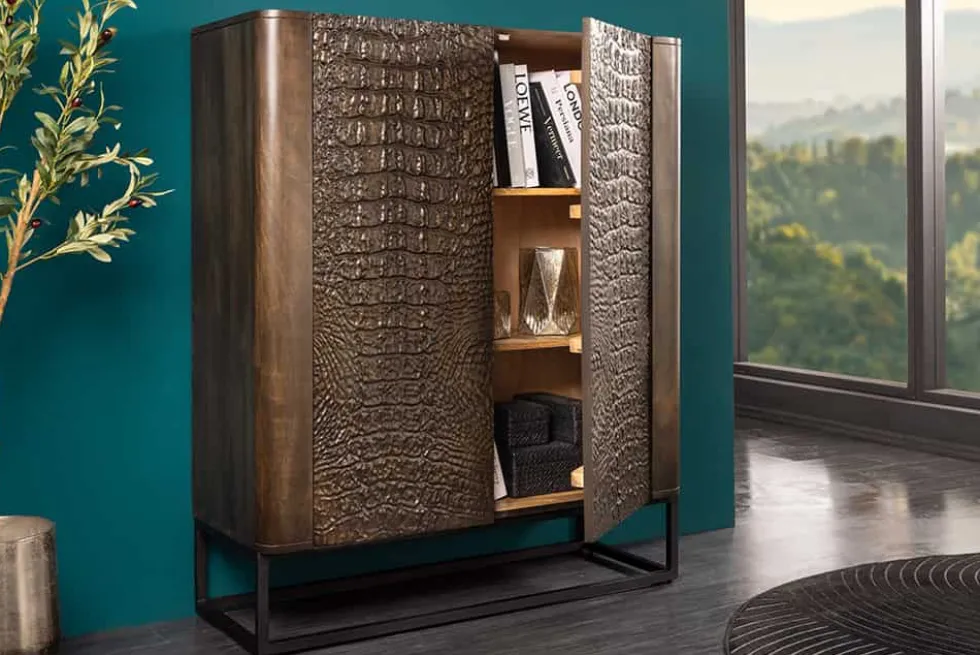 Handgefertigtes Highboard CROCO 120cm braun Mangoholz massiv 3D-Design