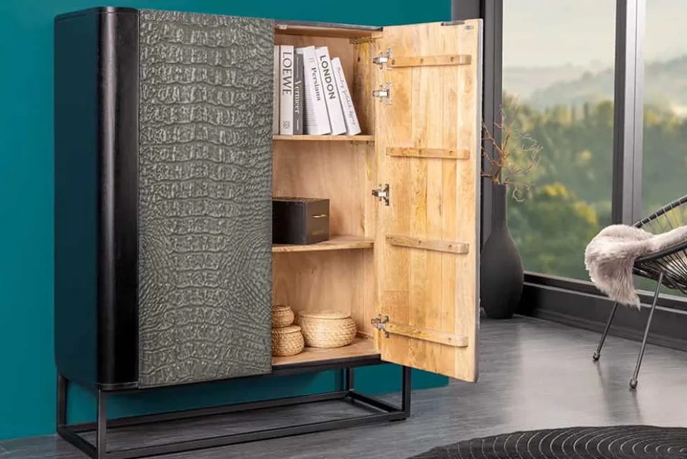 Handgefertigtes Highboard CROCO 120cm grau schwarz Mangoholz massiv 3D-Design