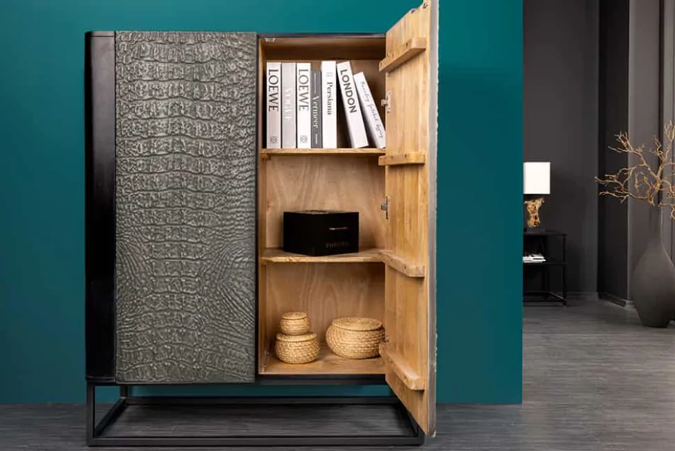 Handgefertigtes Highboard CROCO 120cm grau schwarz Mangoholz massiv 3D-Design
