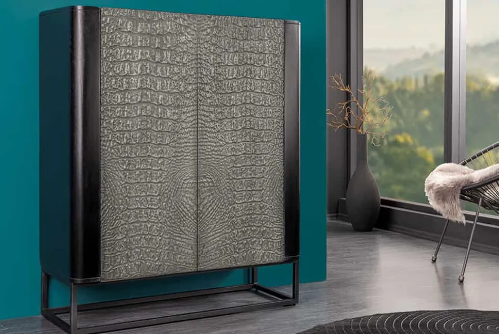Handgefertigtes Highboard CROCO 120cm grau schwarz Mangoholz massiv 3D-Design