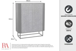 Handgefertigtes Highboard CROCO 120cm grau schwarz Mangoholz massiv 3D-Design