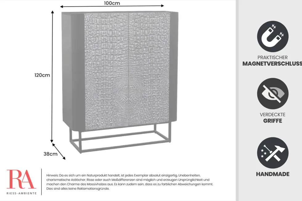 Handgefertigtes Highboard CROCO 120cm grau schwarz Mangoholz massiv 3D-Design