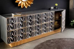 Handgefertigtes Sideboard PIAZZA SAN MARCO 180cm grau gold Mangoholz massiv 3D-Design
