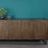 Handgefertigtes Sideboard CROCO 180cm gold braun Mangoholz mit 3D Schnitzereien massiv schwarz Metall