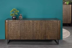 Handgefertigtes Sideboard CROCO 180cm gold braun Mangoholz mit 3D Schnitzereien massiv schwarz Metall
